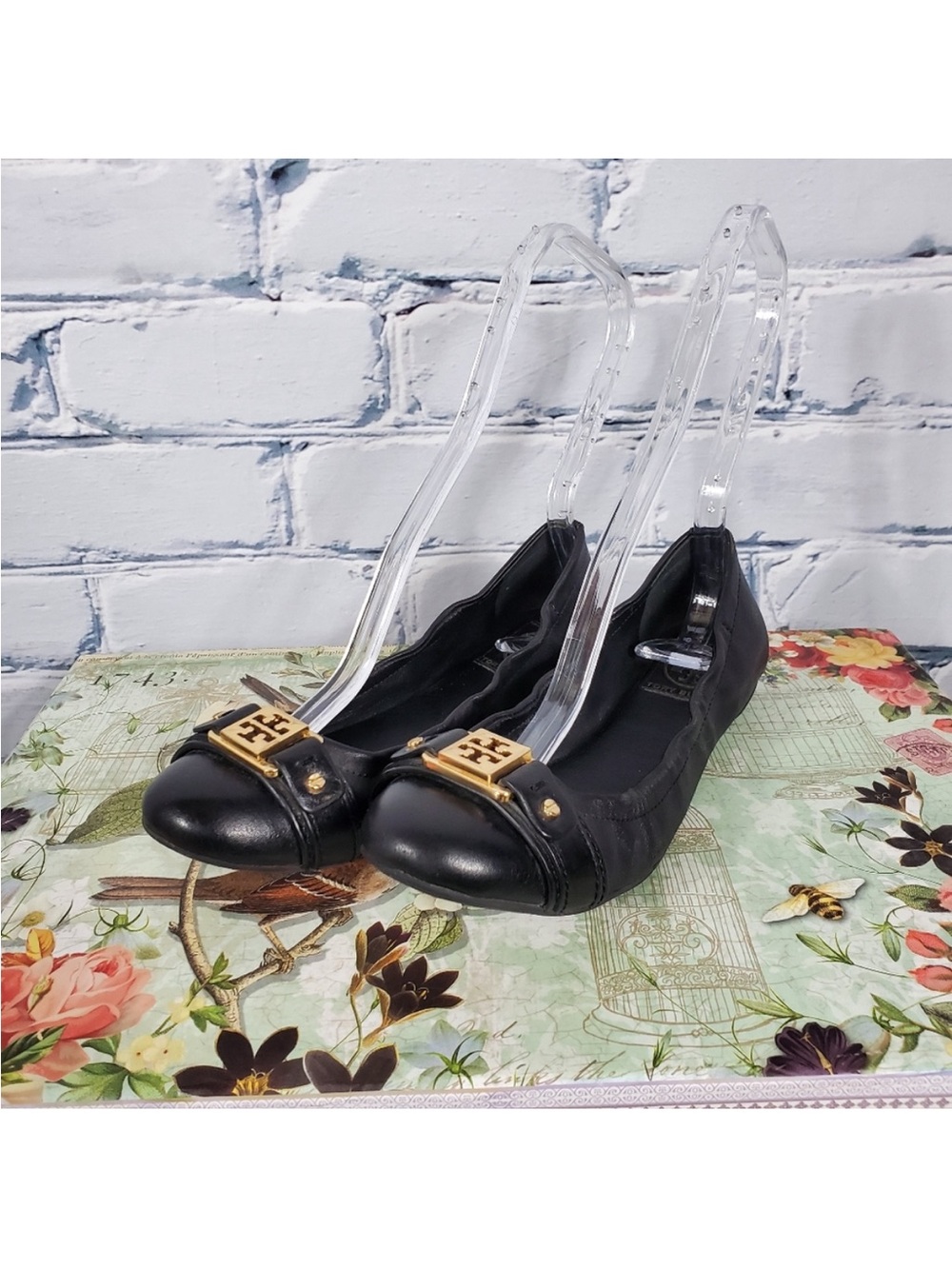 Tory Burch Black Ambrose Leather Logo Buckle Flats